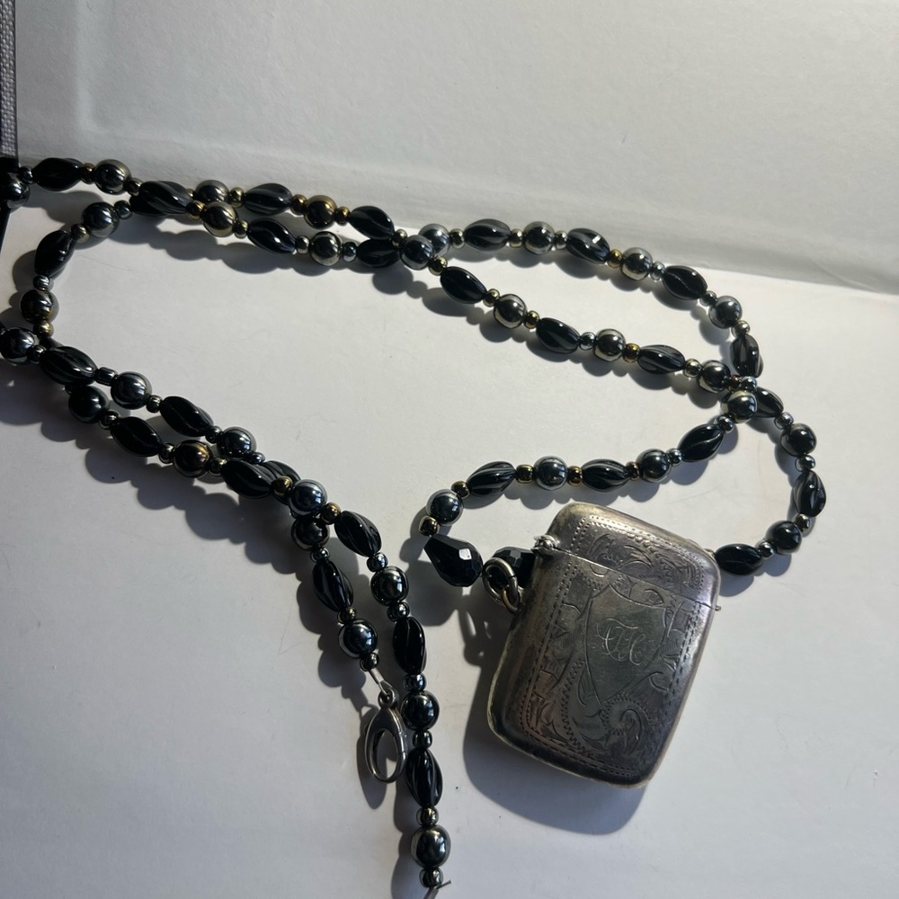 Black Beaded Necklace with Sterling Silver Lighter holder